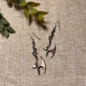 GOTHIC Aged Silver Medieval Battle Axe Oversized Fantasy Dangle Earrings